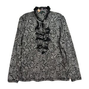 Vintage LRL Lauren Jeans Co. Blouse Women's XL Black/White Paisley Ruffle Neck